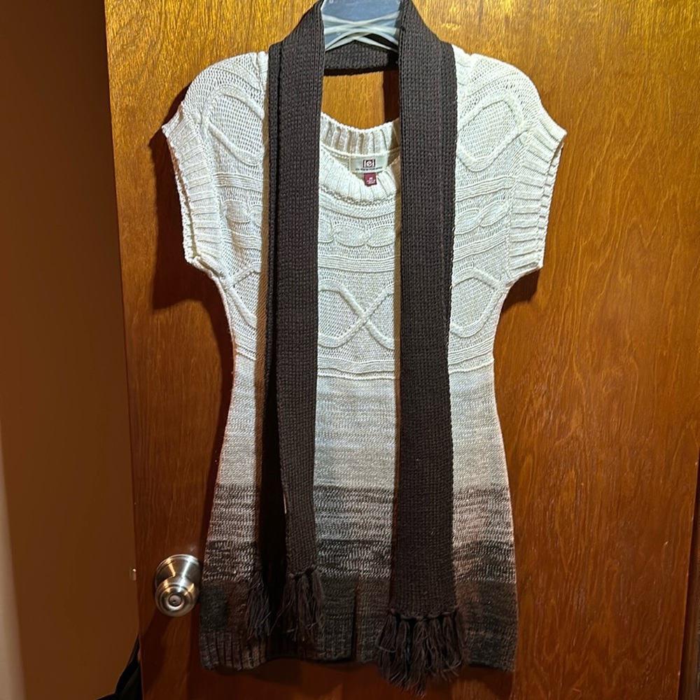 Junior woman’s sweater dress with scarf